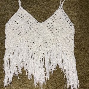 White Crochet Fringe Crop tank